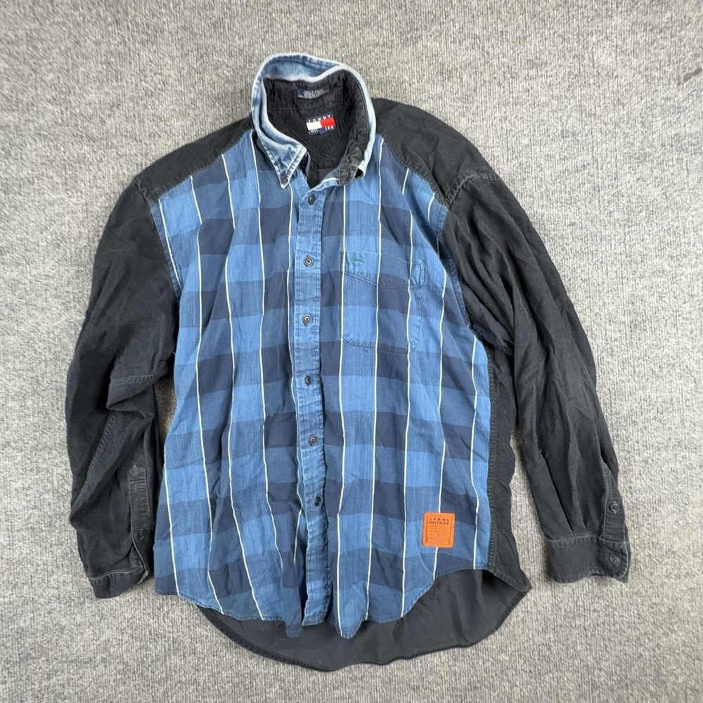 Tommy Hilfiger Shirt Mens Large Blue Plaid Long Sleeve Nautical Patch